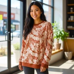 Sisstrevolution Sheila Fleece Baggy Sweater Brown Floral Leaf Sweatshirt Lg NWT